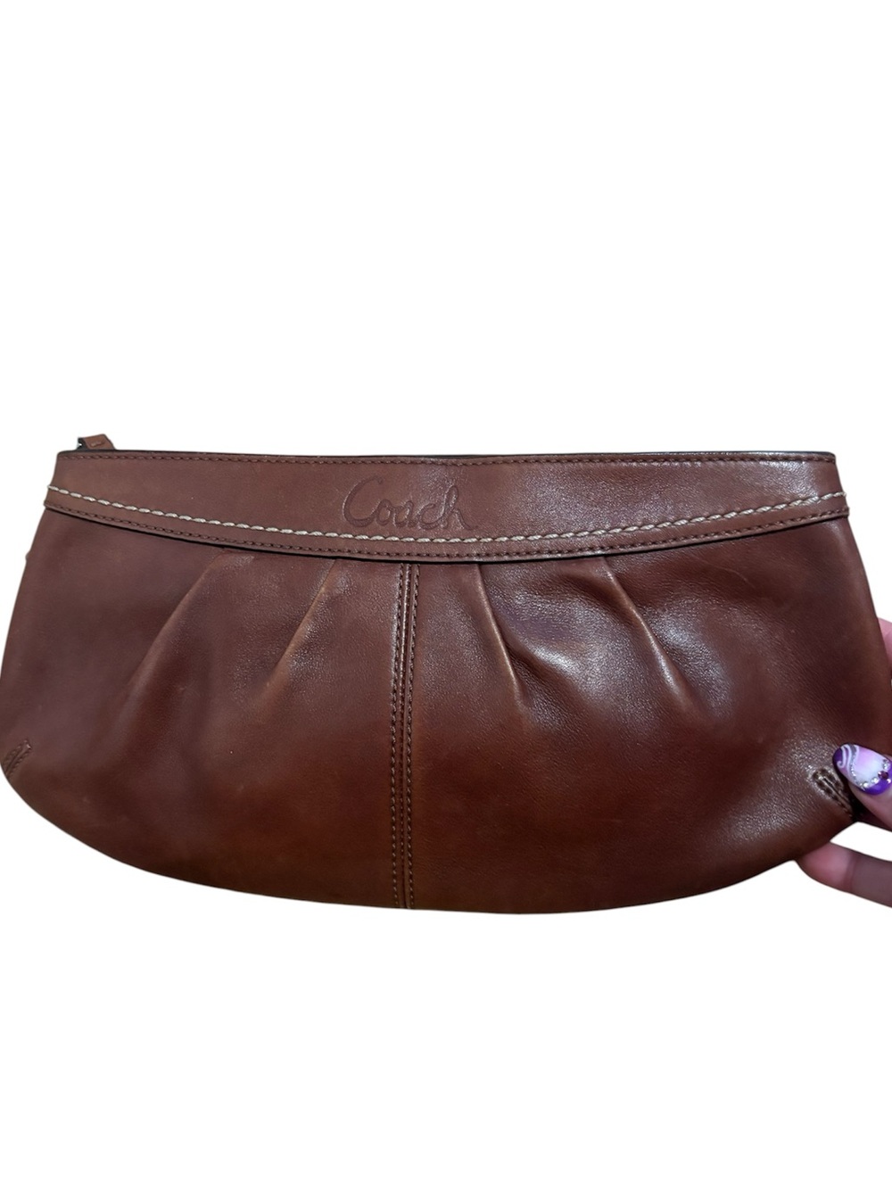 Coach Brown Leather Pleated Wristlet Clutch